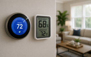 Smart thermostat set to 72 degrees beside an indoor humidity monitor reading 68 percent, illustrating high humidity inside a Decatur, GA home despite the air conditioner running.